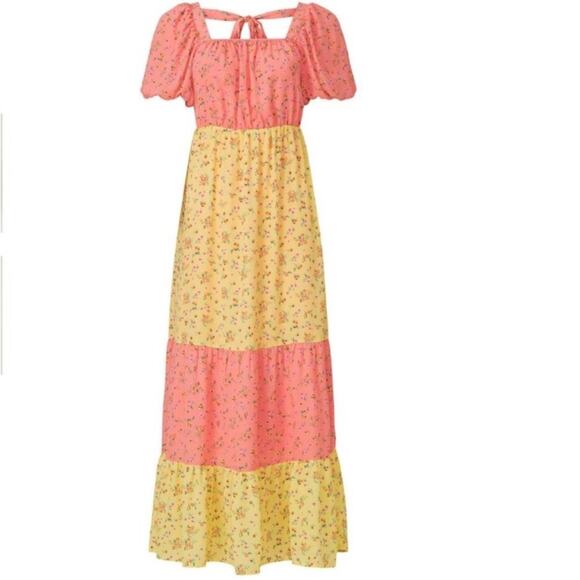 COLOR ME COURTNEY Yellow Pink Ditsy Flower Printed Cece Maxi Dress Size 10 - Picture 1 of 16